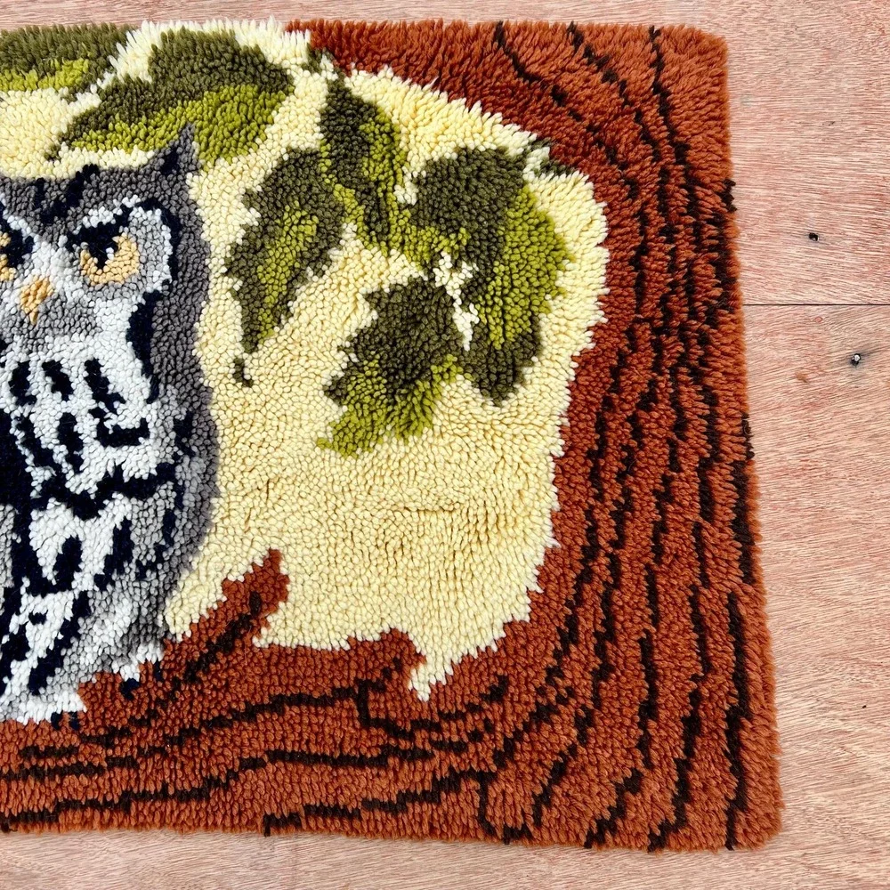 Vintage MCM 1970s Latch Hook Owl Rug or Wall Decor